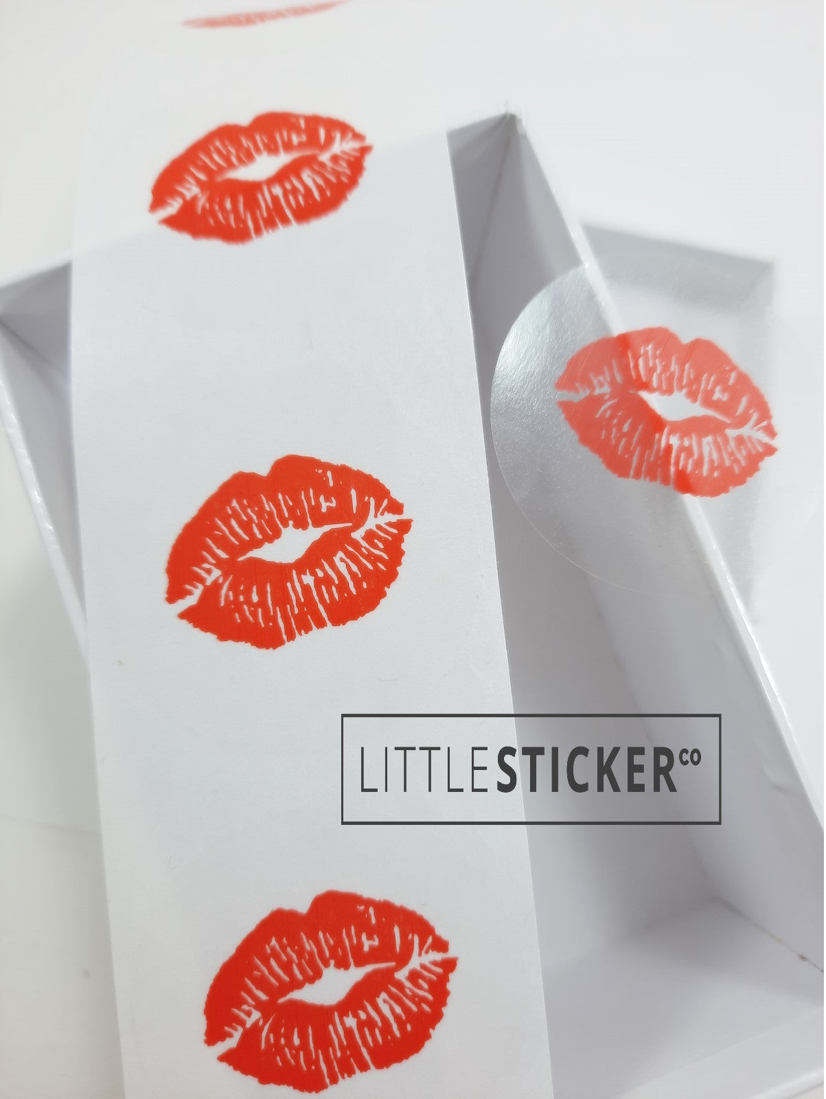 Kiss Lips stickers. 40mm round clear stickers with red lips