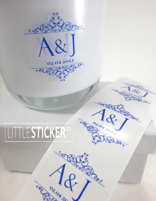 Wedding stickers. Ornate scroll design, personalised with your initials and date. Choose colour and size!