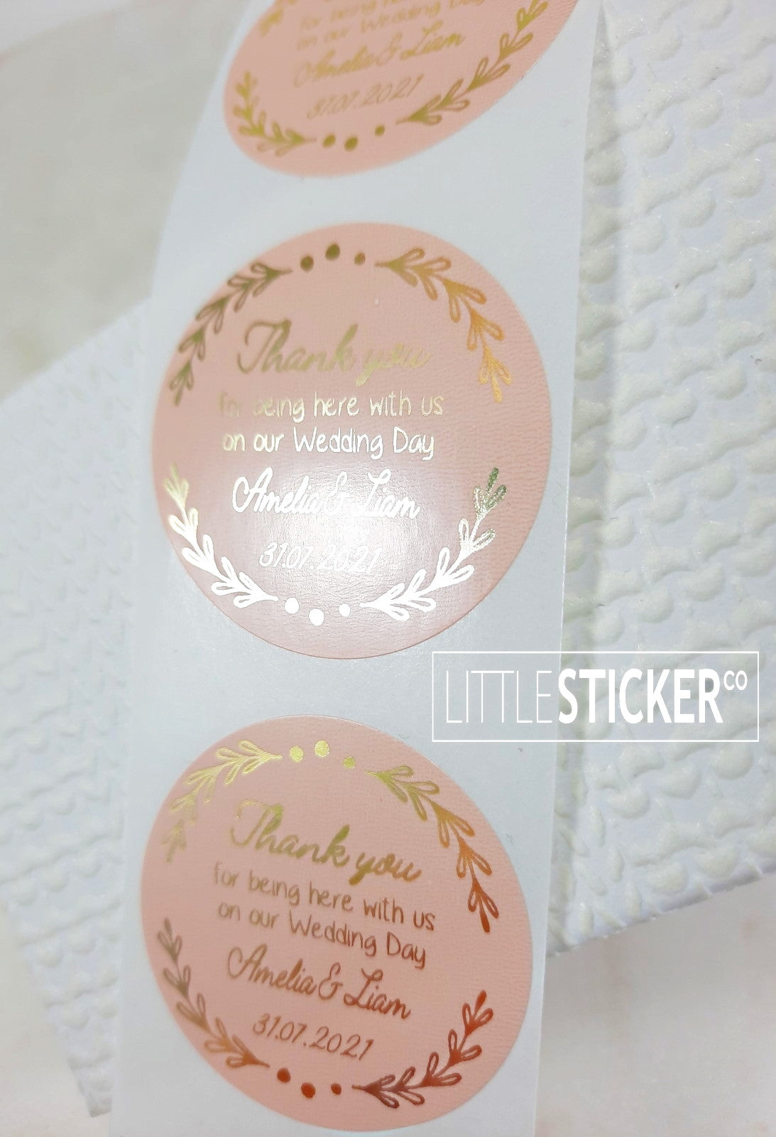Thank you Wedding stickers. Botanical border with thank you message, personalised names and date. Choose colour and size