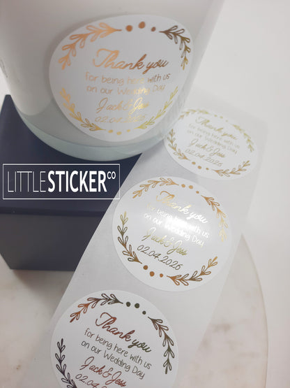 Thank you Wedding stickers. Botanical border with thank you message, personalised names and date. Choose colour and size