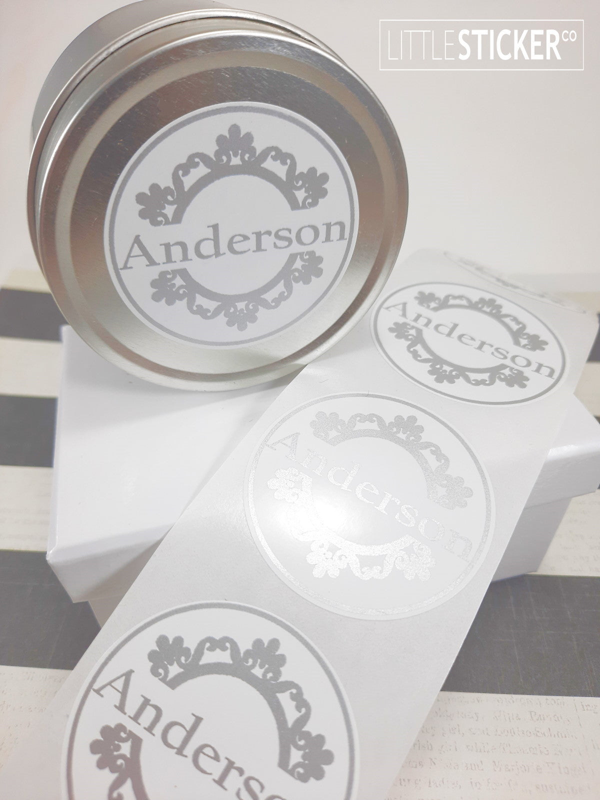 Business product stickers or name stickers. Baroque design with personalised text. Choose sticker colour and size!