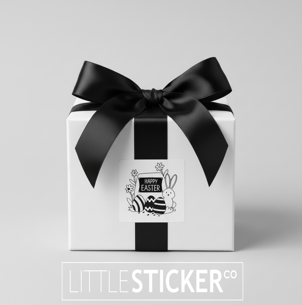 Happy Easter stickers. 35mm square white stickers with 'Happy Easter' in black with cute bunny