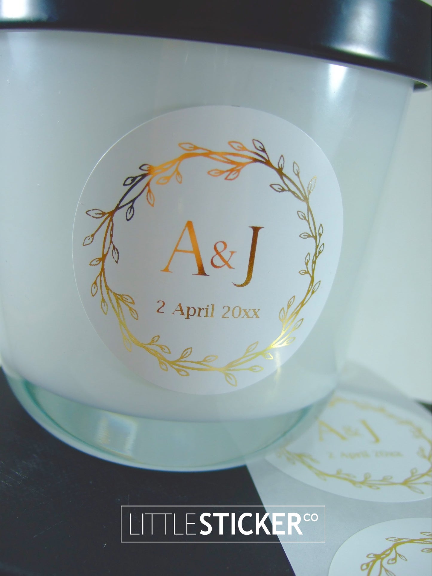 Wedding stickers, wreath design, 50mm white circle stickers, personalised in Foil gold with your initials & date