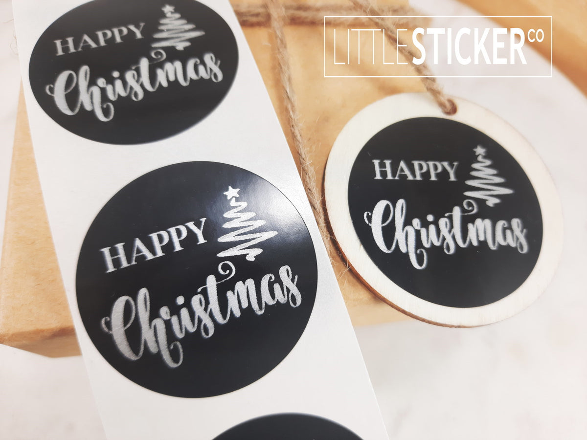 Happy Christmas stickers. Round black gloss stickers with Matte Silver ''Happy Christmas'' christmas tree 40mm