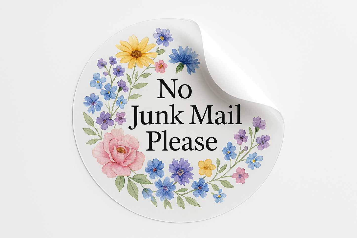 a photograph of a clear round sticker that is 5cm across. The sticker is half peeled way off it's white paper backing. The sticker has a bunch of cottage style flower sprinted on it in multiple colours, with the text ''No Junk Mail Please''. The sticker is clear.