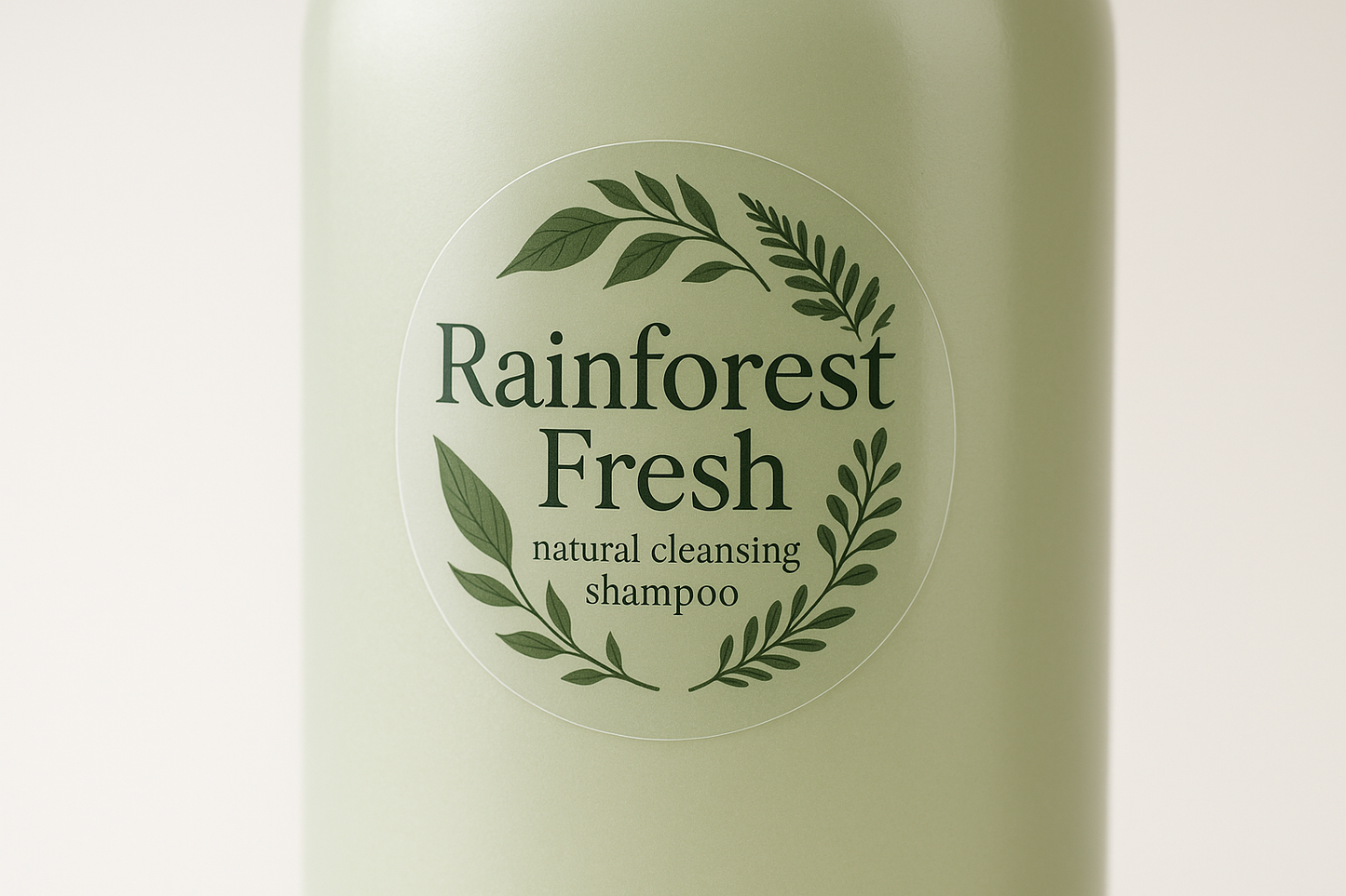 a photograph of a transparent round sticker that is 5cm across. The sticker is stuck onto a pale green shampoo bottle. The sticker has a pretty logo printed on it, with the text ''Rainforest Fresh, natural cleansing shampoo''