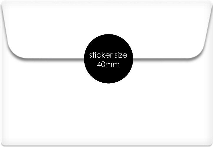 a picture of the back of an envelope sealed with a black round sticker with the text ''sticker size 40mm''