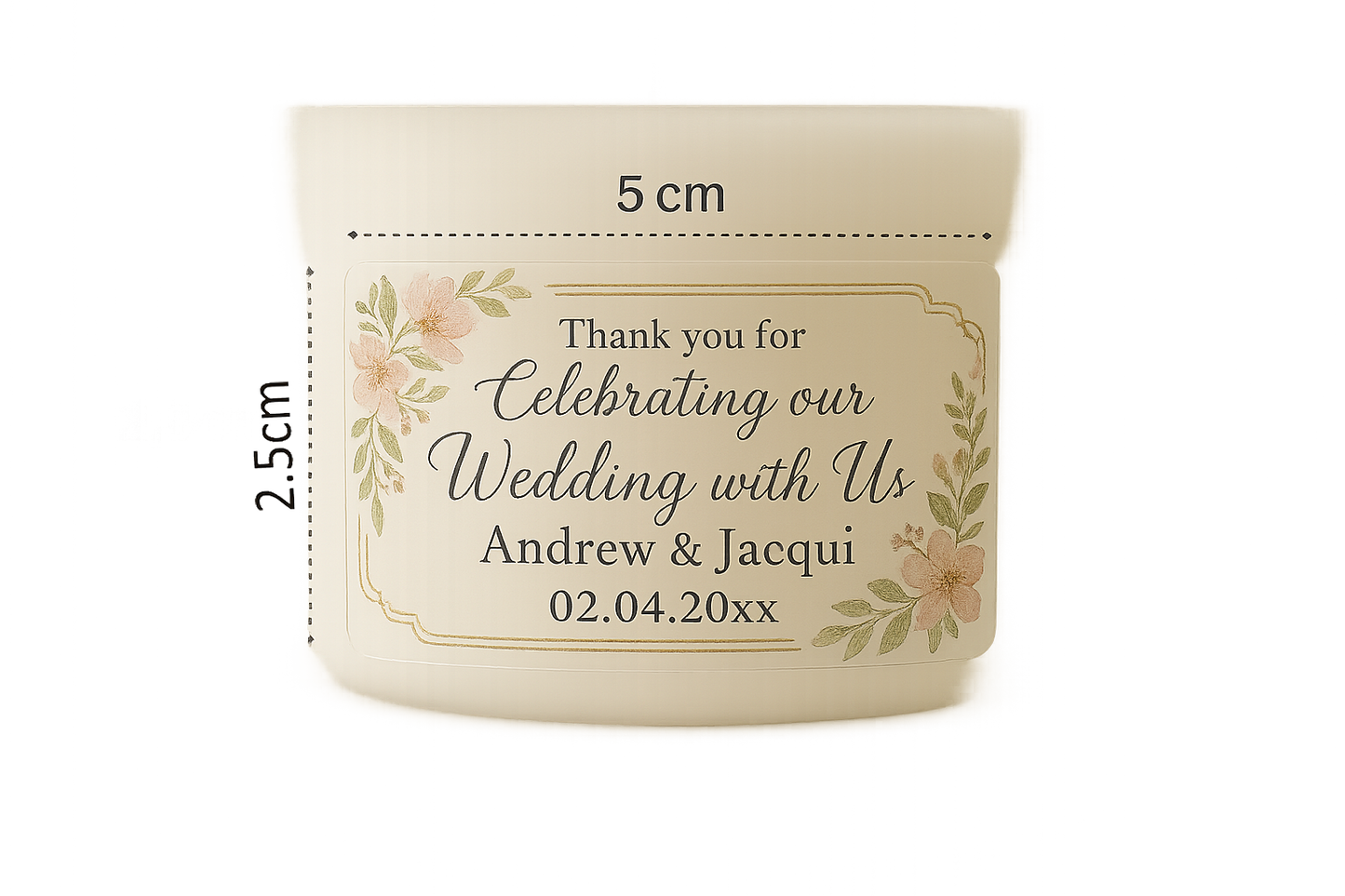 Personalized wedding favor tag with floral design and text on a white background