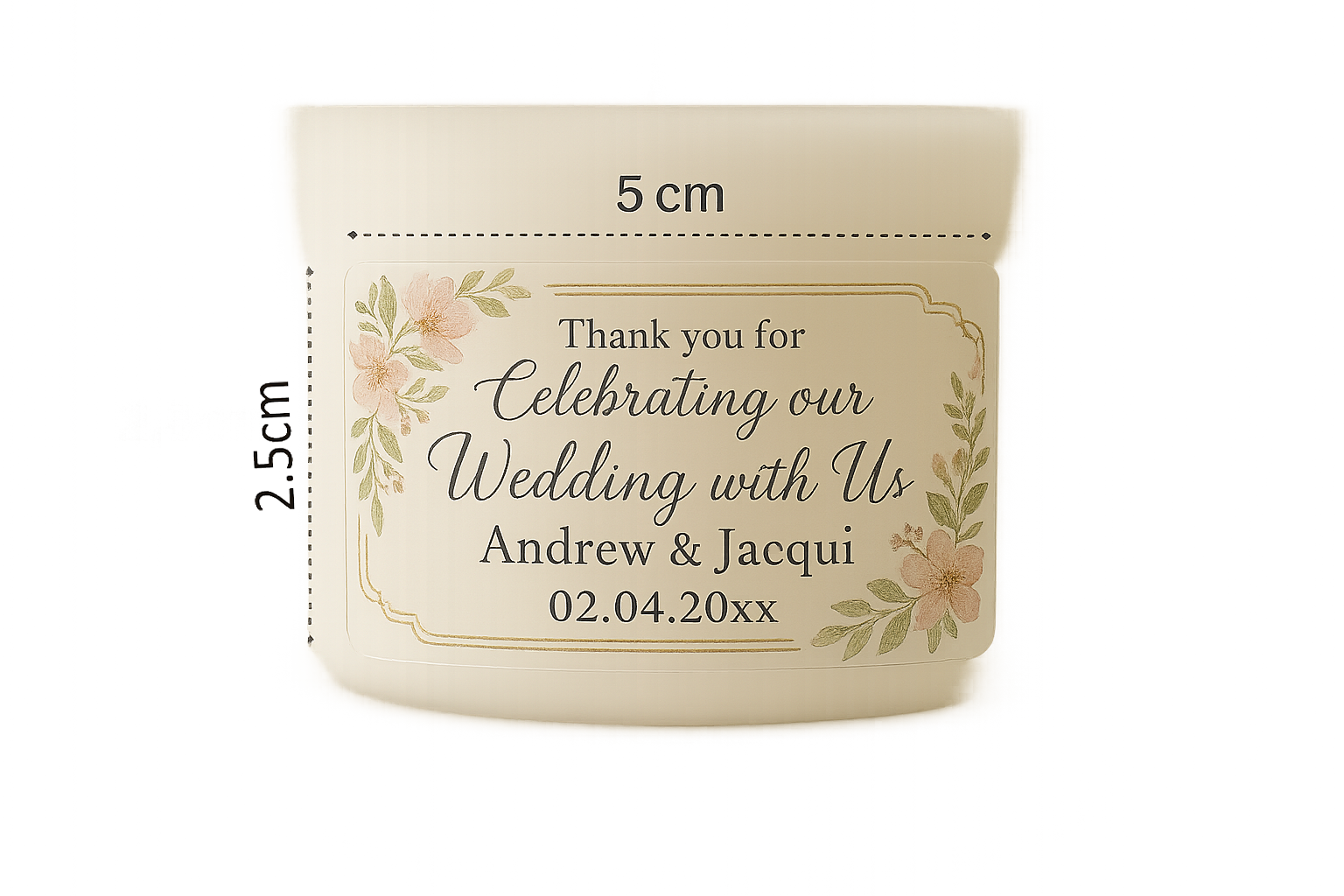 Personalized wedding favor tag with floral design and text on a white background
