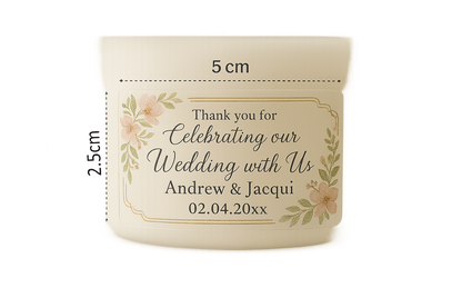 Personalized wedding favor tag with floral design and text on a white background