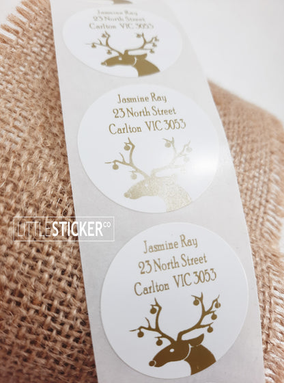 Christmas Stickers Personalised with your Name and address. 35mm gloss white circle with Matte Gold print Reindeer. Christmas return address labels