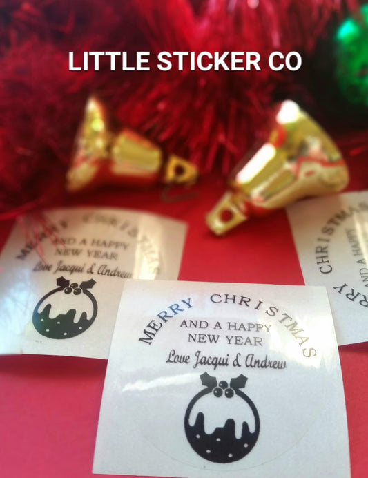 Christmas Stickers Personalised with your Names. 40mm clear circle with cute Christmas Pudding. Christmas gift labels