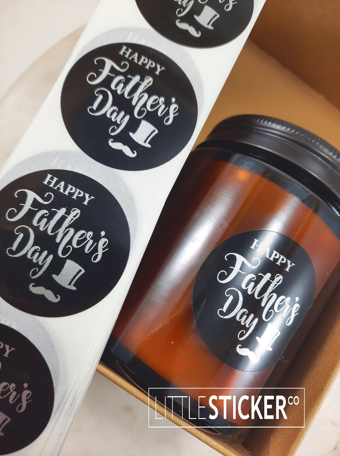 Happy Father's Day stickers. 40mm black gloss stickers with matte silver print, gentleman's top hat & moustache