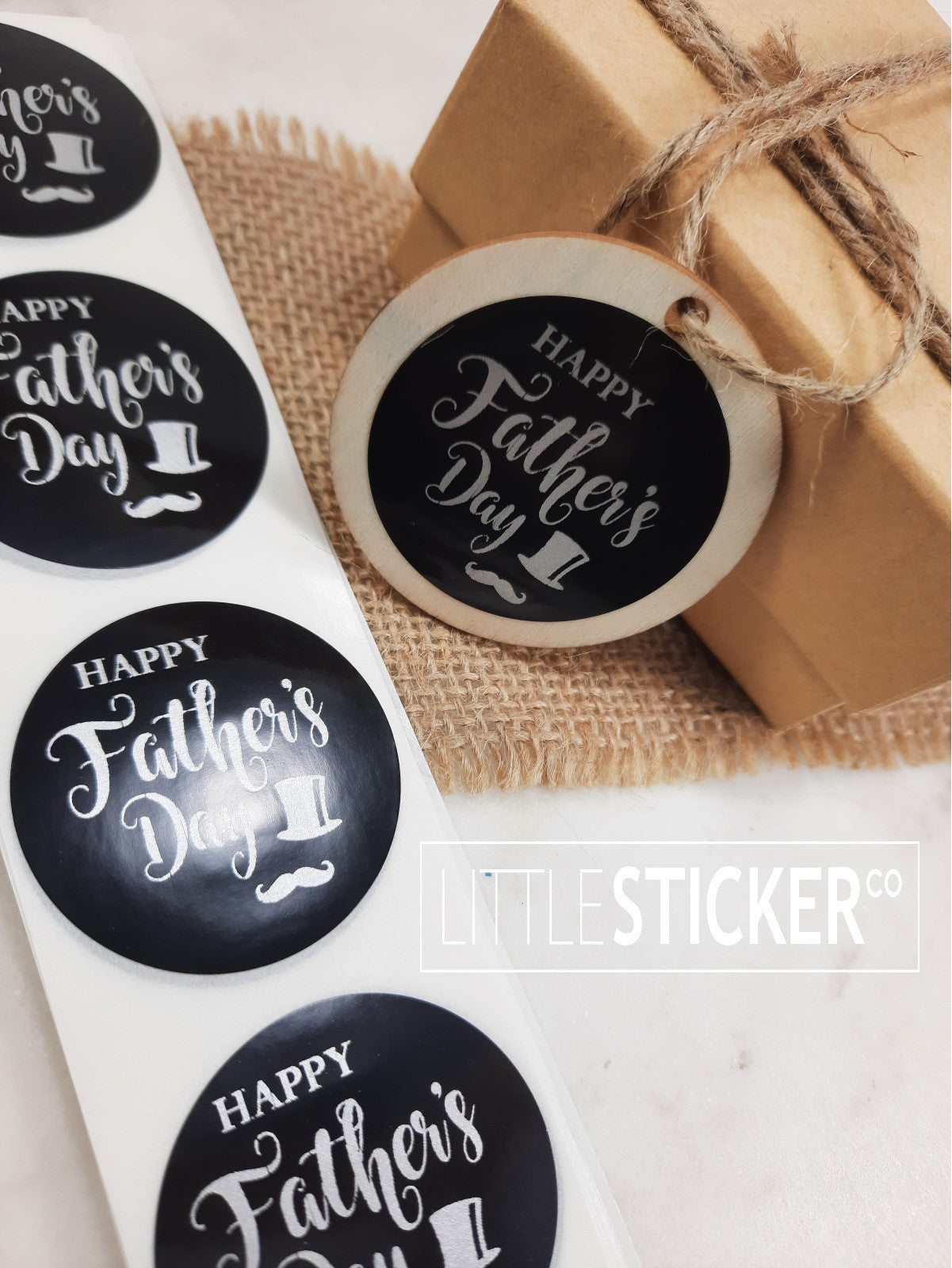 Happy Father's Day stickers. 40mm black gloss stickers with matte silver print, gentleman's top hat & moustache