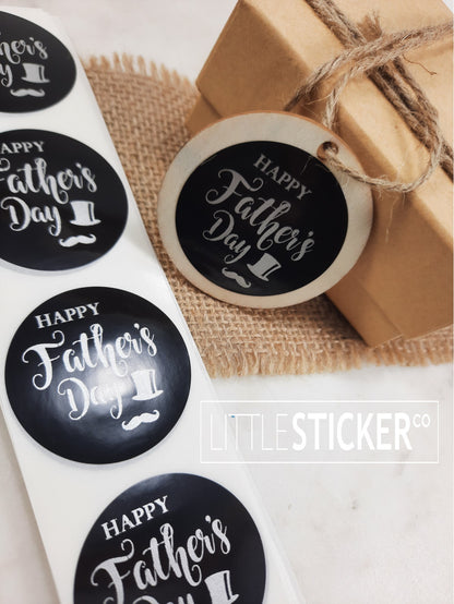 Happy Father's Day stickers. 40mm black gloss stickers with matte silver print, gentleman's top hat & moustache