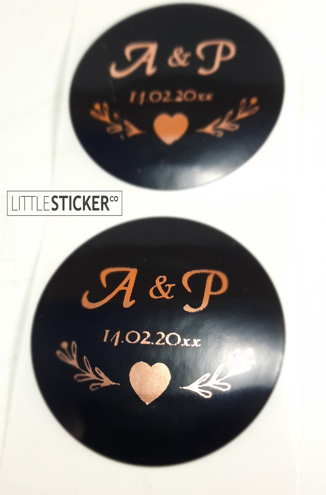 Wedding stickers. Heart and Leaf design, personalised initials and date. Choose sticker size & colour