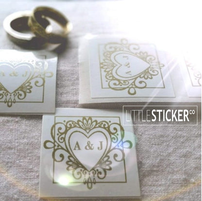 Wedding stickers, romantic swirly heart design, 35mm square stickers, personalised with your initials & date. Choose colour