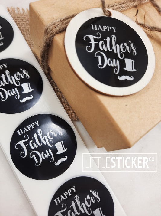 Happy Father's Day stickers. 40mm black gloss stickers with matte silver print, gentleman's top hat & moustache