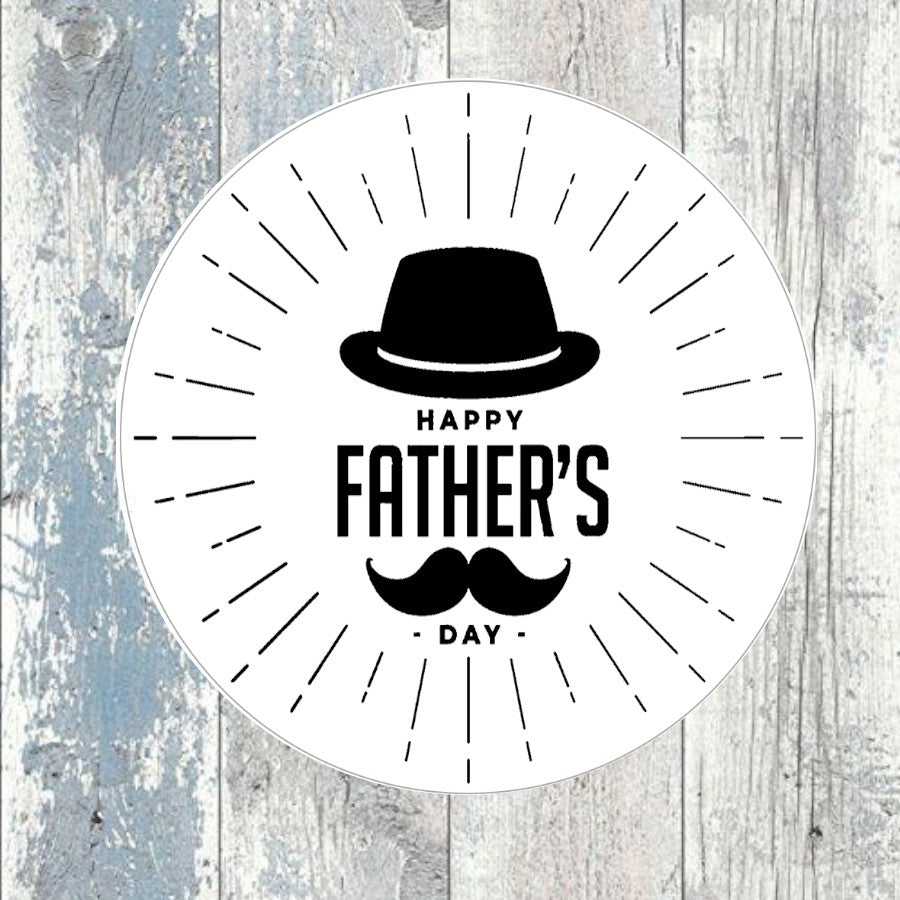 Happy Father's Day stickers. 50mm round white gloss stickers with man's hat & moustache