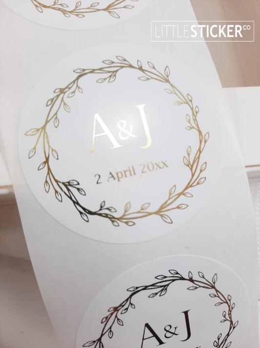 Wedding stickers, wreath design, 50mm white circle stickers, personalised in Foil gold with your initials & date