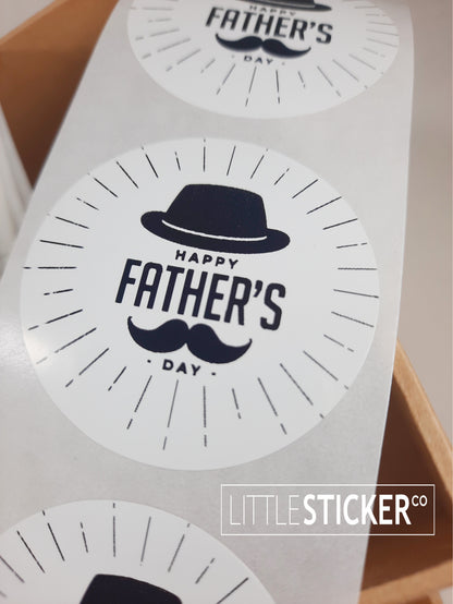 Happy Father's Day stickers. 50mm round white gloss stickers with man's hat & moustache