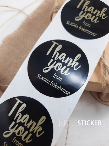 Thank you stickers. Black gloss round 40mm stickers with Matte Gold print -personalise your business name