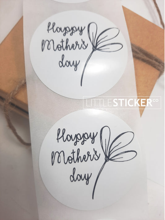 Happy Mother's Day stickers. 50mm round white gloss stickers with sweet and simple flower design