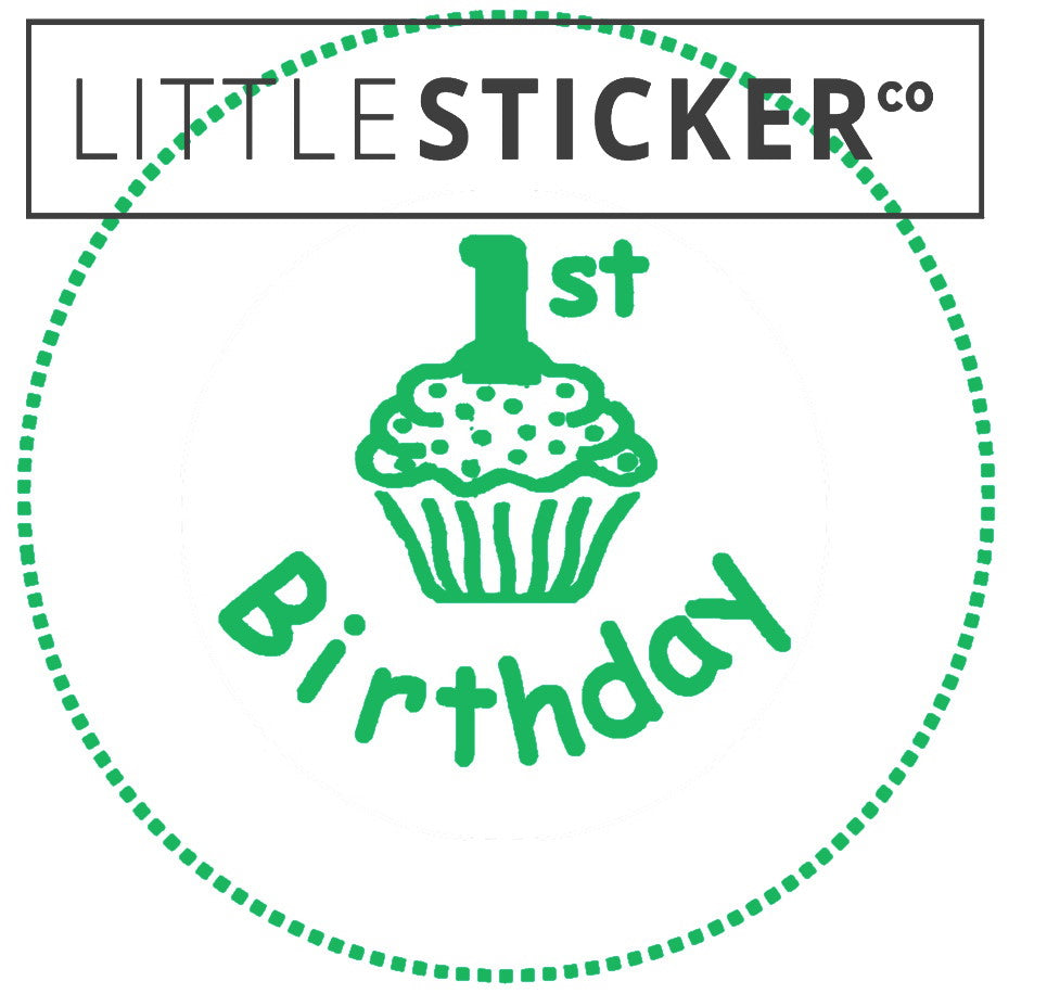 First Birthday stickers. Choose from various designs and colours