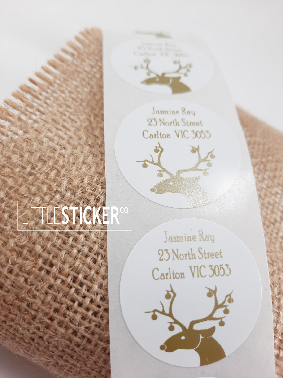 Christmas Stickers Personalised with your Name and address. 35mm gloss white circle with Matte Gold print Reindeer. Christmas return address labels