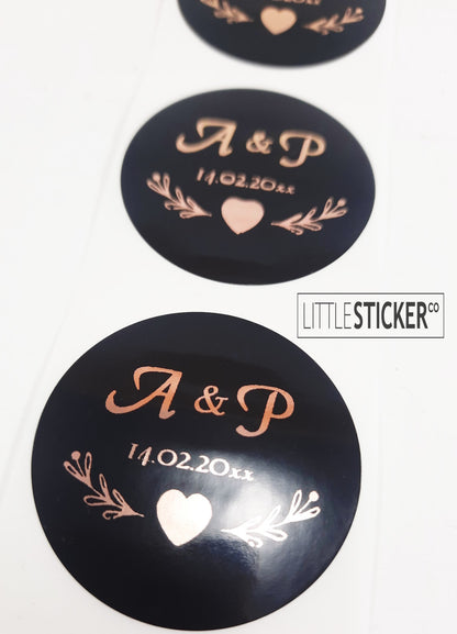 Wedding stickers. Heart and Leaf design, personalised initials and date. Choose sticker size & colour
