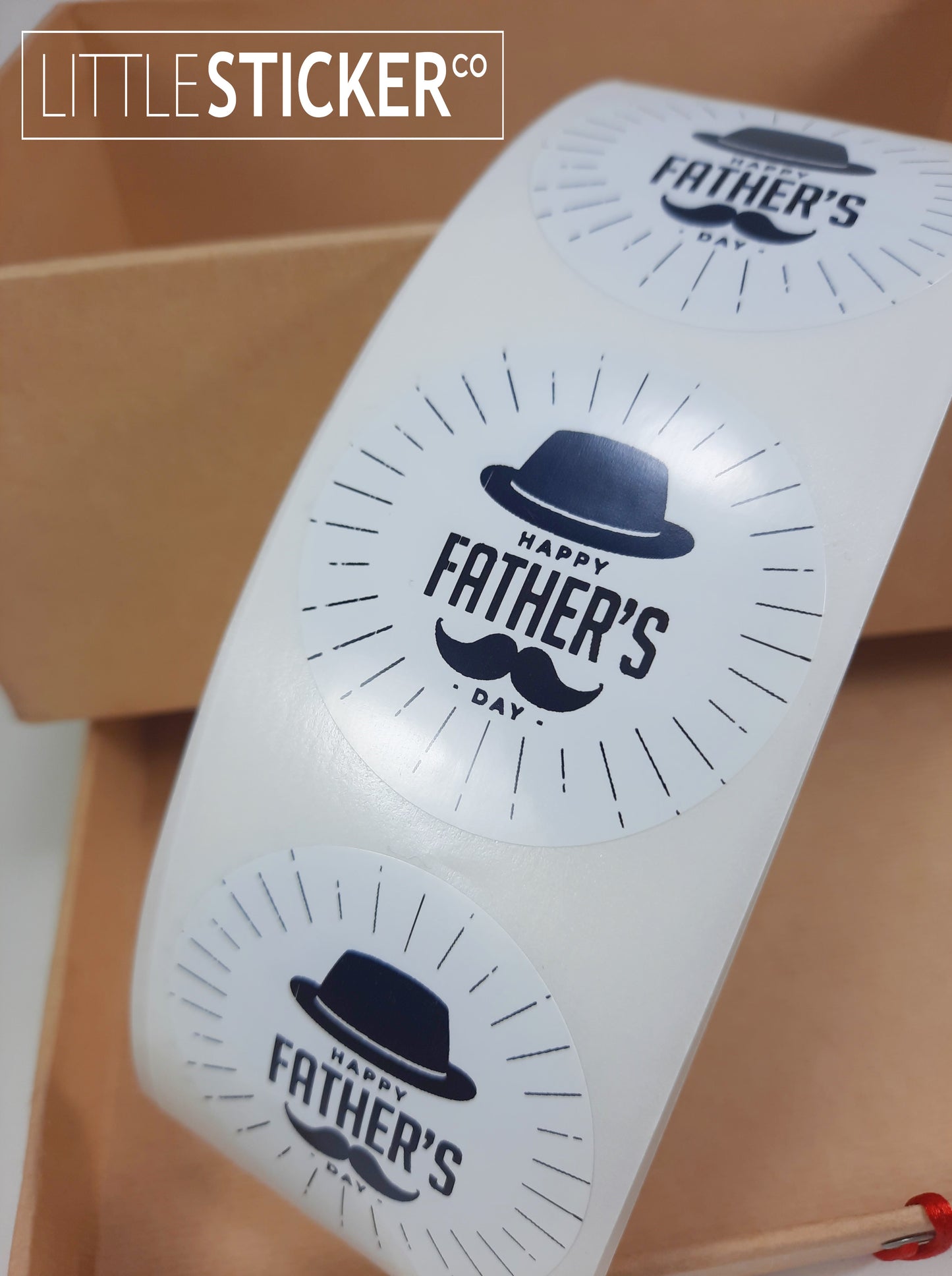 Happy Father's Day stickers. 50mm round white gloss stickers with man's hat & moustache