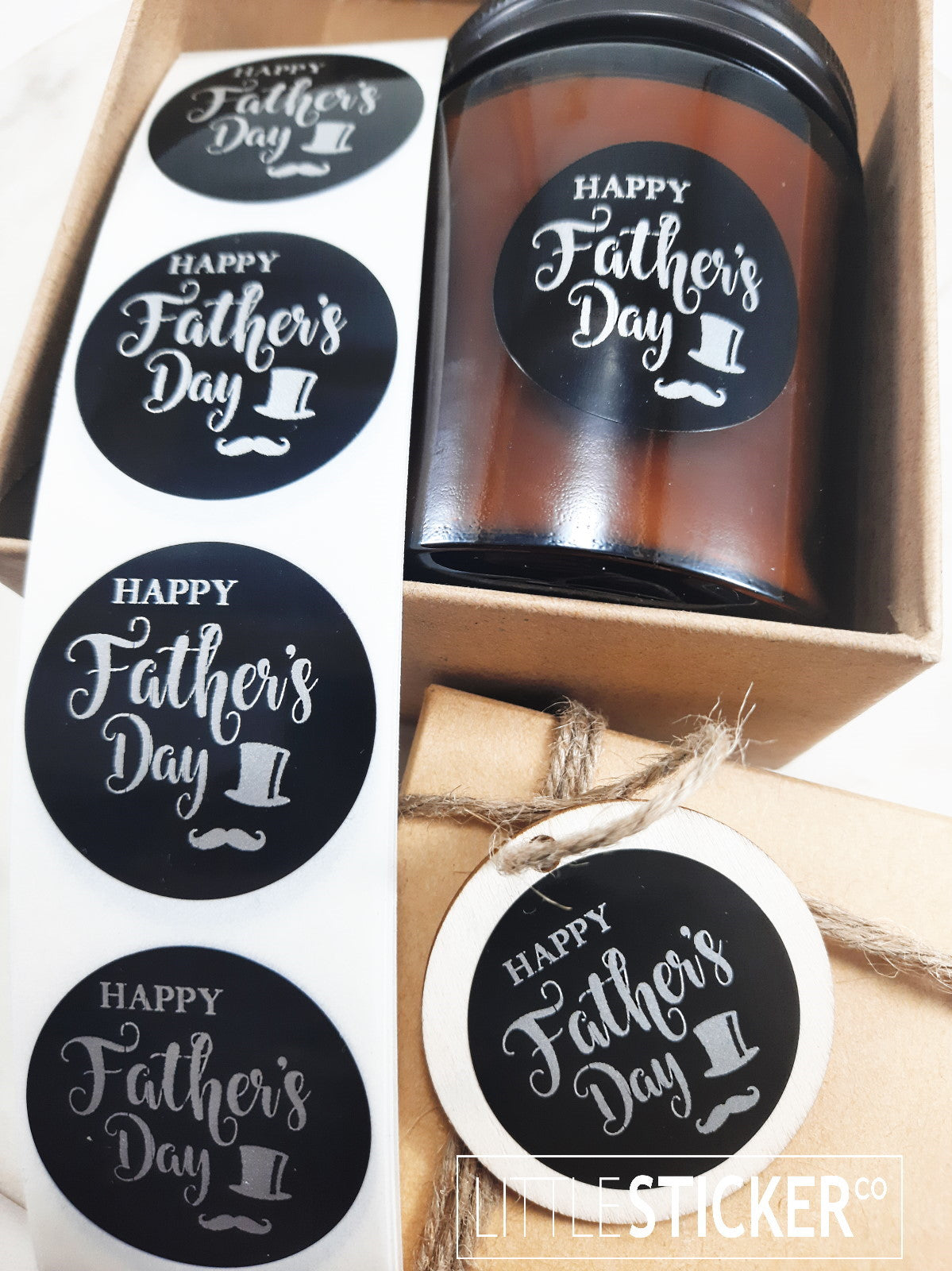 Happy Father's Day stickers. 40mm black gloss stickers with matte silver print, gentleman's top hat & moustache