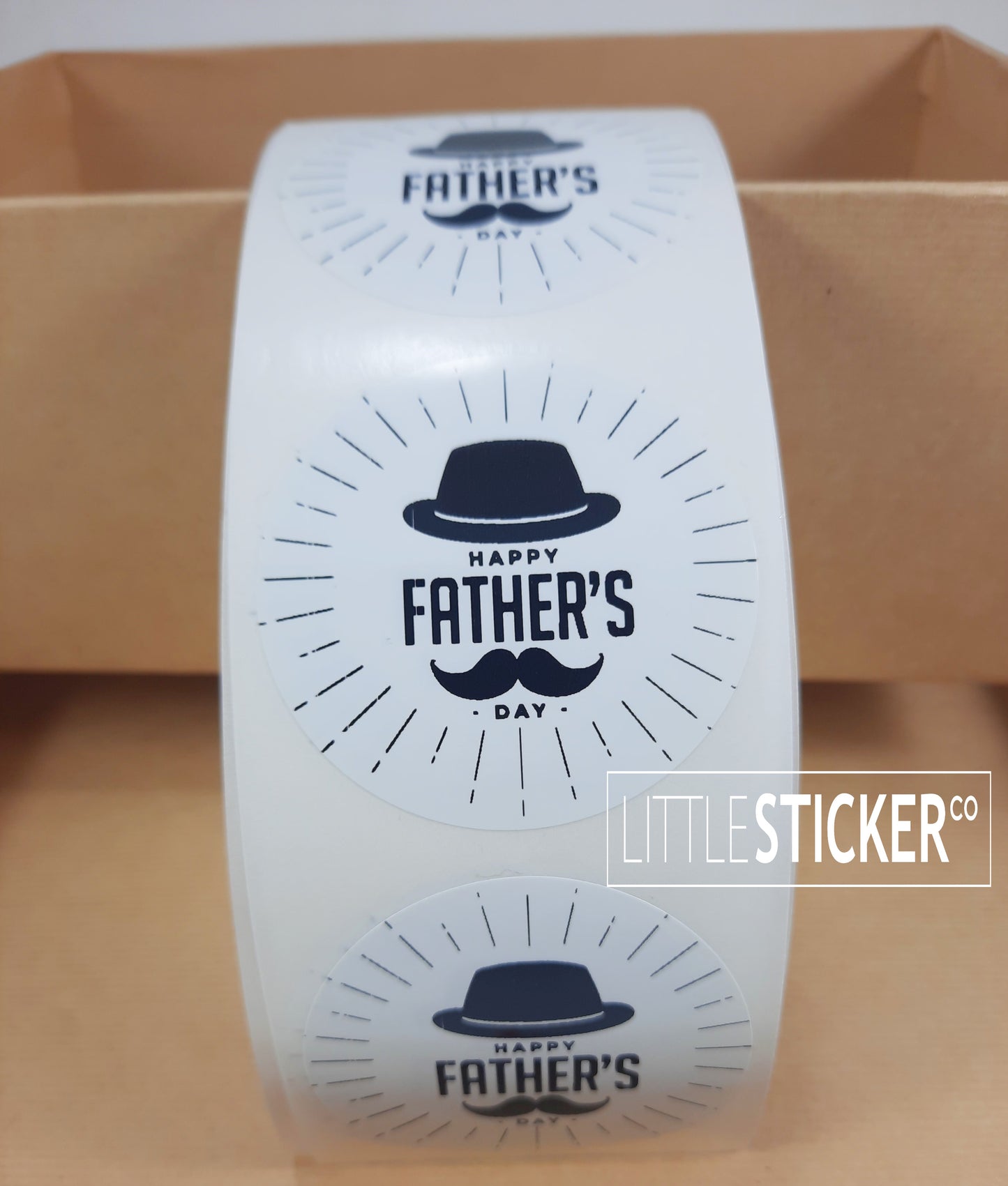 Happy Father's Day stickers. 50mm round white gloss stickers with man's hat & moustache