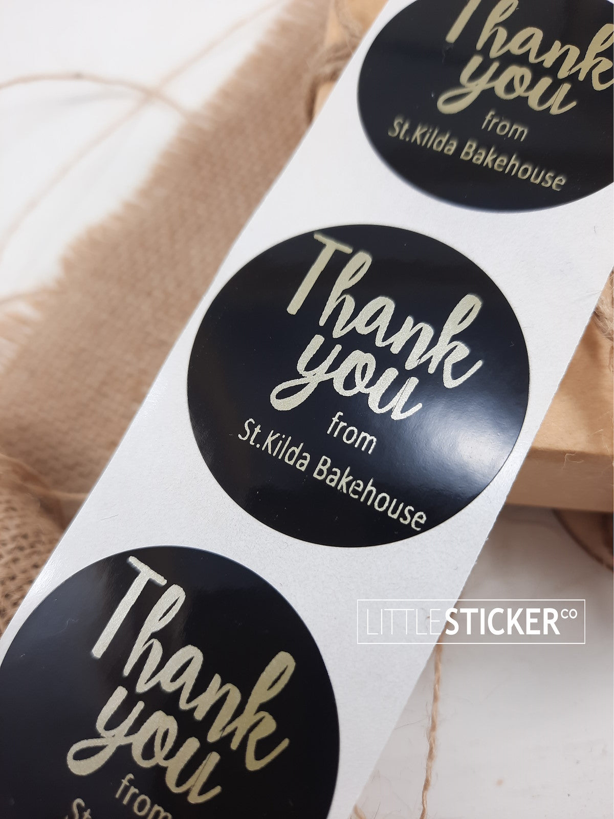 Thank you stickers. Black gloss round 40mm stickers with Matte Gold print -personalise your business name