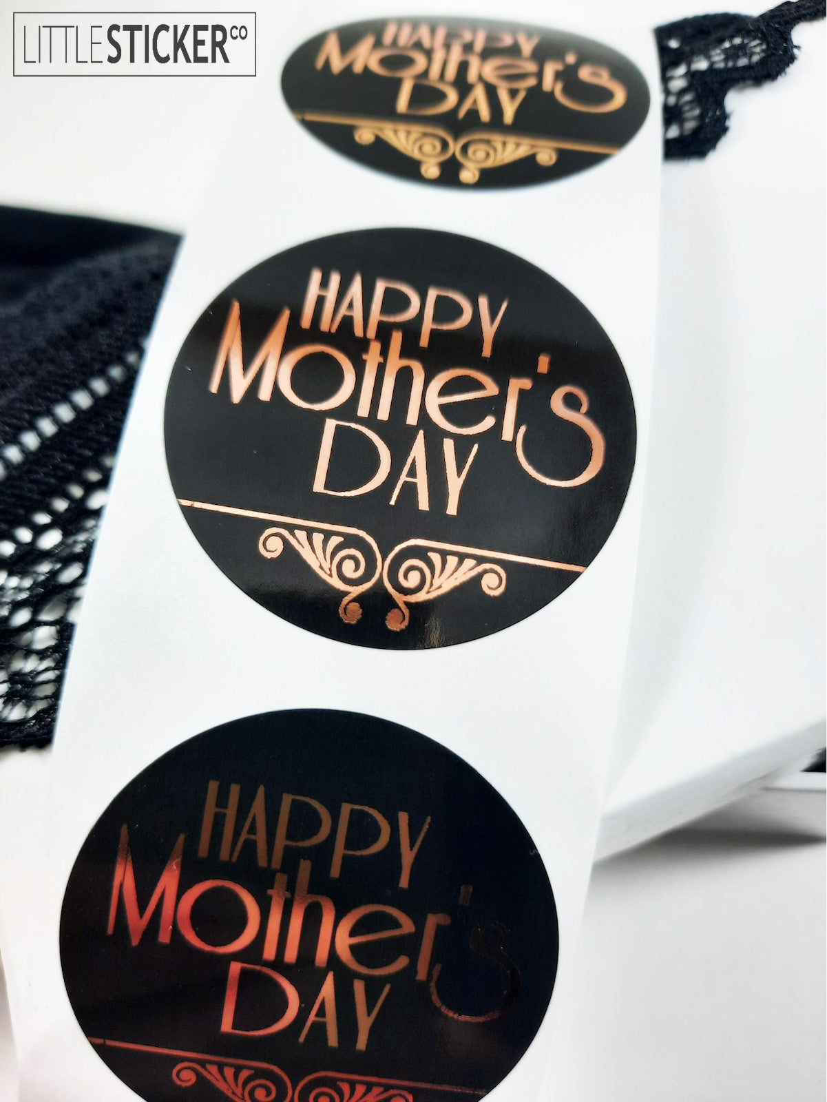 Happy Mother's Day stickers. 40mm round gloss black with Foil rose gold Art deco design and text