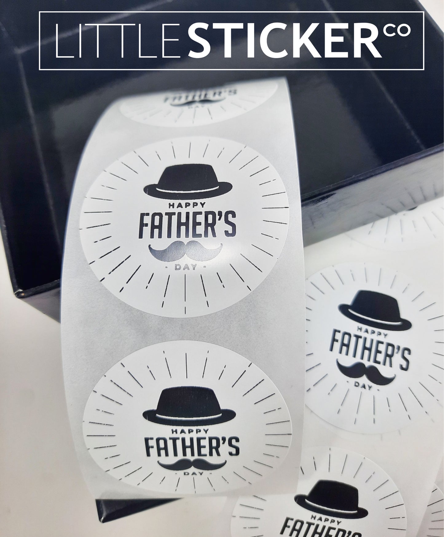 Happy Father's Day stickers. 50mm round white gloss stickers with man's hat & moustache