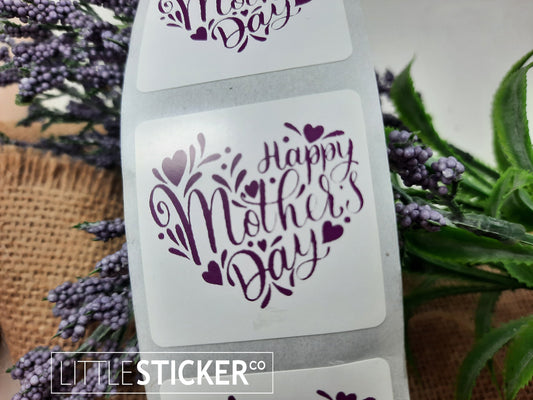 Happy Mother's Day stickers. 35mm square white gloss stickers with Purple text, hearts and swirls