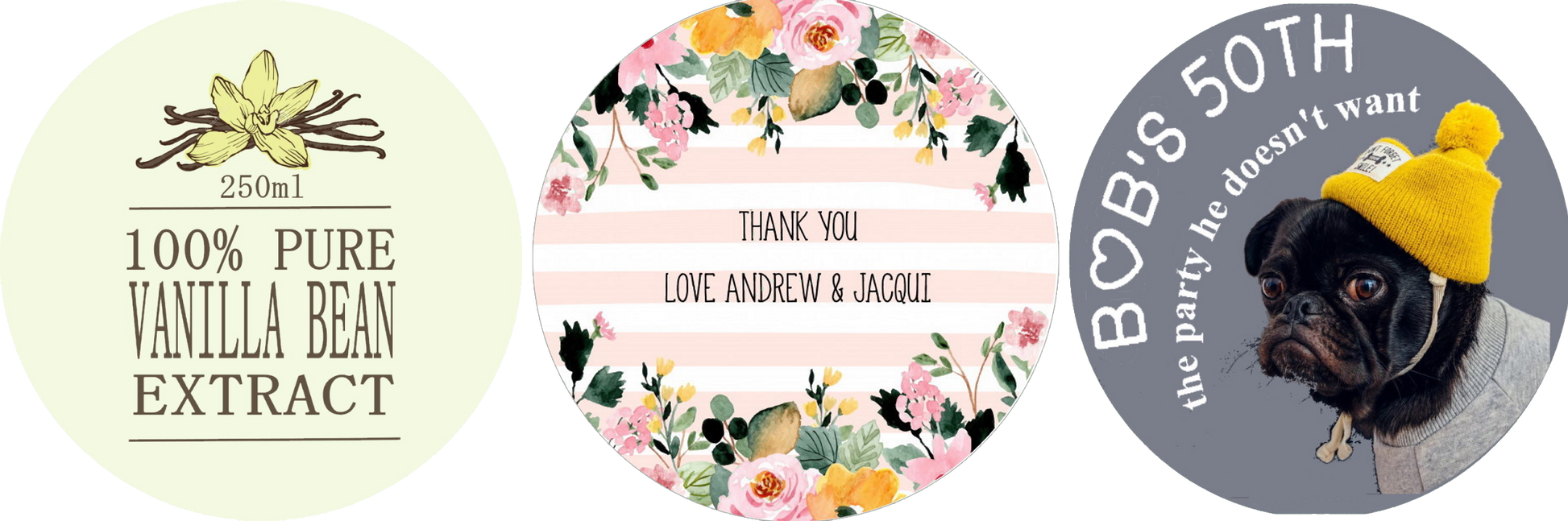examples of round photo and logo stickers by Little Sticker Co