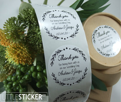 Thank you Wedding stickers. Botanical border with thank you message, personalised names and date. Choose colour and size