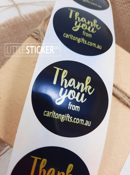 Thank you stickers. Black gloss round 40mm stickers with Matte Gold print -personalise your business name