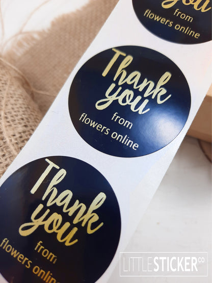 Thank you stickers. Black gloss round 40mm stickers with Matte Gold print -personalise your business name