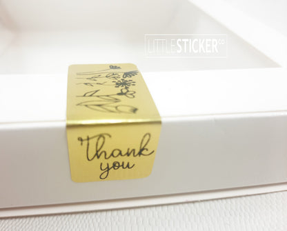 Thank you stickers. 50x20mm rectangle Gold stickers with black ''Thank you'' and sweet hand drawn style flowers