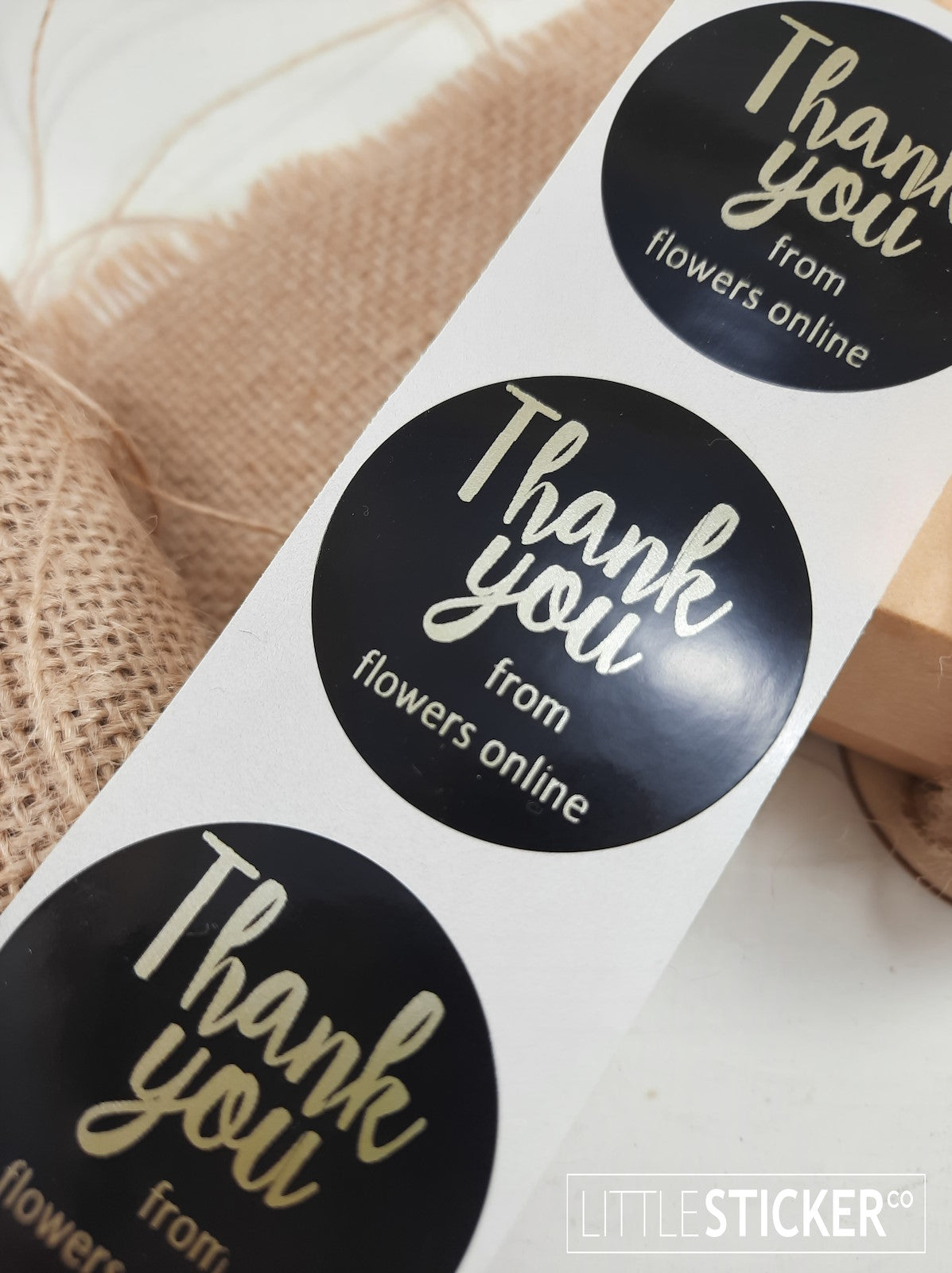 Thank you stickers. Black gloss round 40mm stickers with Matte Gold print -personalise your business name