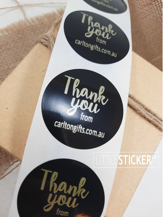 Thank you stickers. Black gloss round 40mm stickers with Matte Gold print -personalise your business name