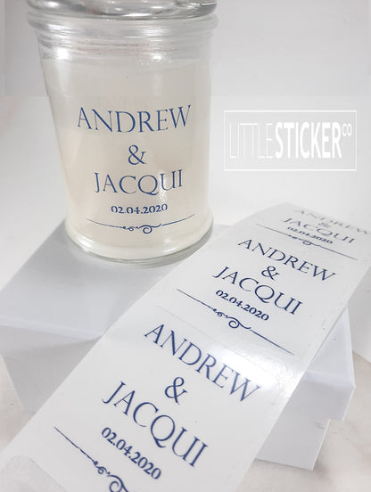 Wedding stickers. Simple underline scroll design with personalised names & date. Clear 50mm squares, choose print colour!