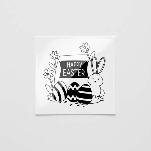Black and white Easter illustration with bunny, eggs, and flowers on a white background. Printed on a gloss white square sticker by Little Sticker Co