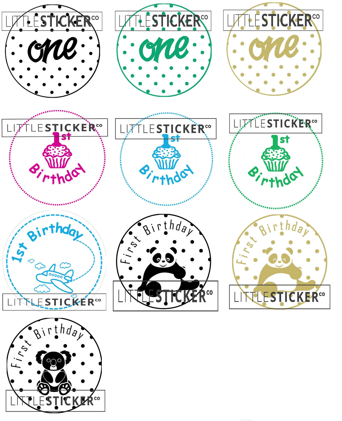 First Birthday stickers. Choose from various designs and colours ...