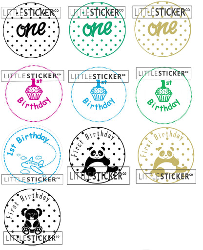 First Birthday stickers. Choose from various designs and colours