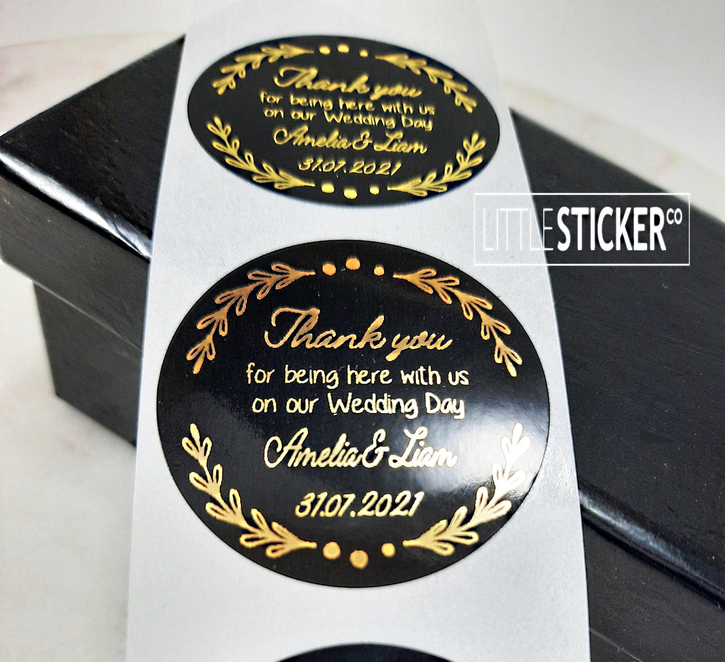 Thank you Wedding stickers. Botanical border with thank you message, personalised names and date. Choose colour and size