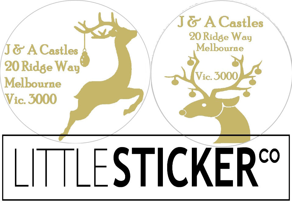 Christmas Stickers Personalised with your Name and address. 35mm gloss white circle with Matte Gold print Reindeer. Christmas return address labels